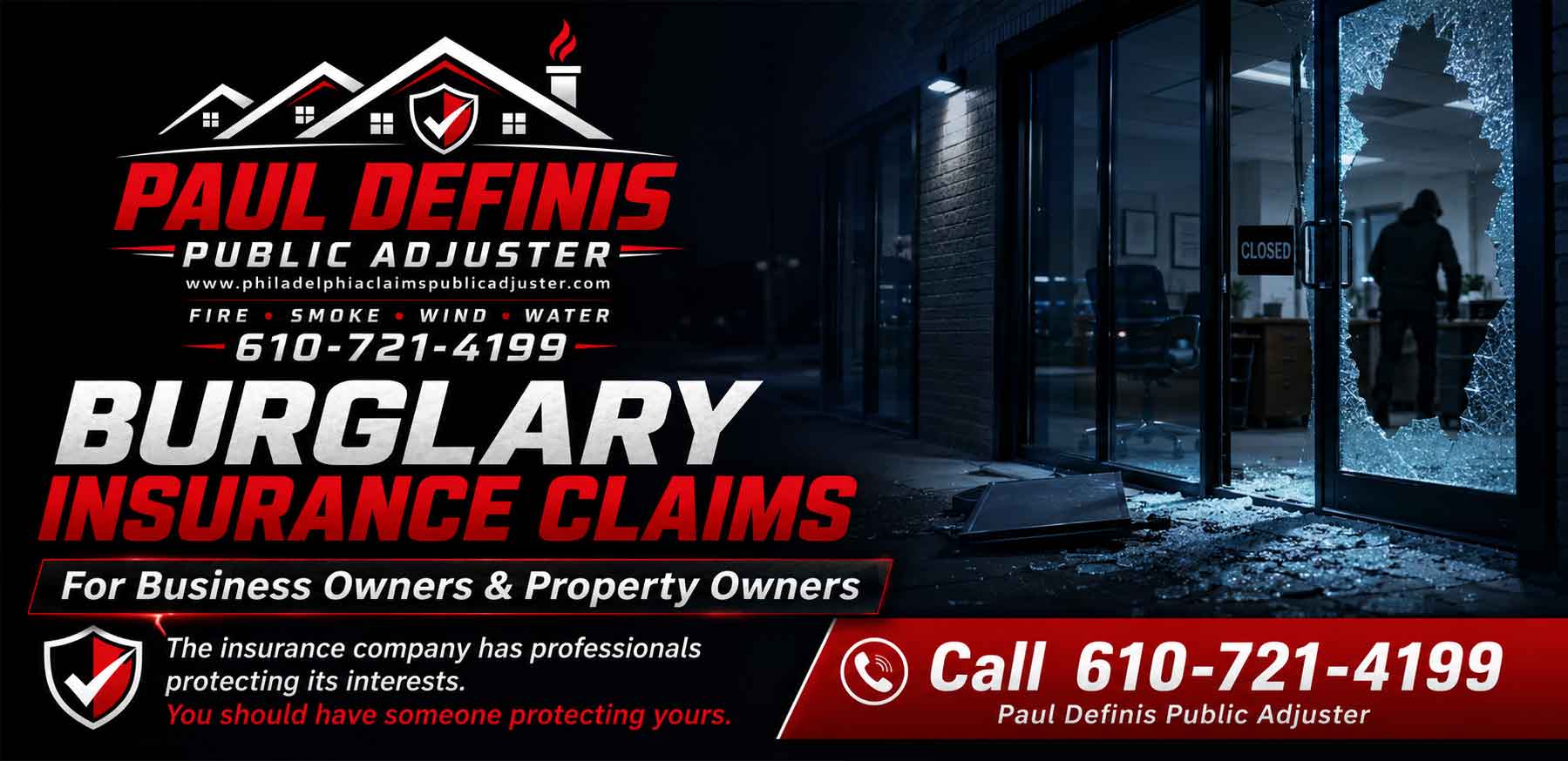 Burlington County Restoration Property Damage from Burglary, Theft and Vandalism Insurance Claims Public Adjuster Palmyra Cinnaminson Riverton Riverside Delran South Jersey New Jersey. Paul Definis assists homeowners and businesses with theft, burglary, vandalism and property damage insurance claims. Paul deploys restoration after your claim is approved. Call 610-721-4199.