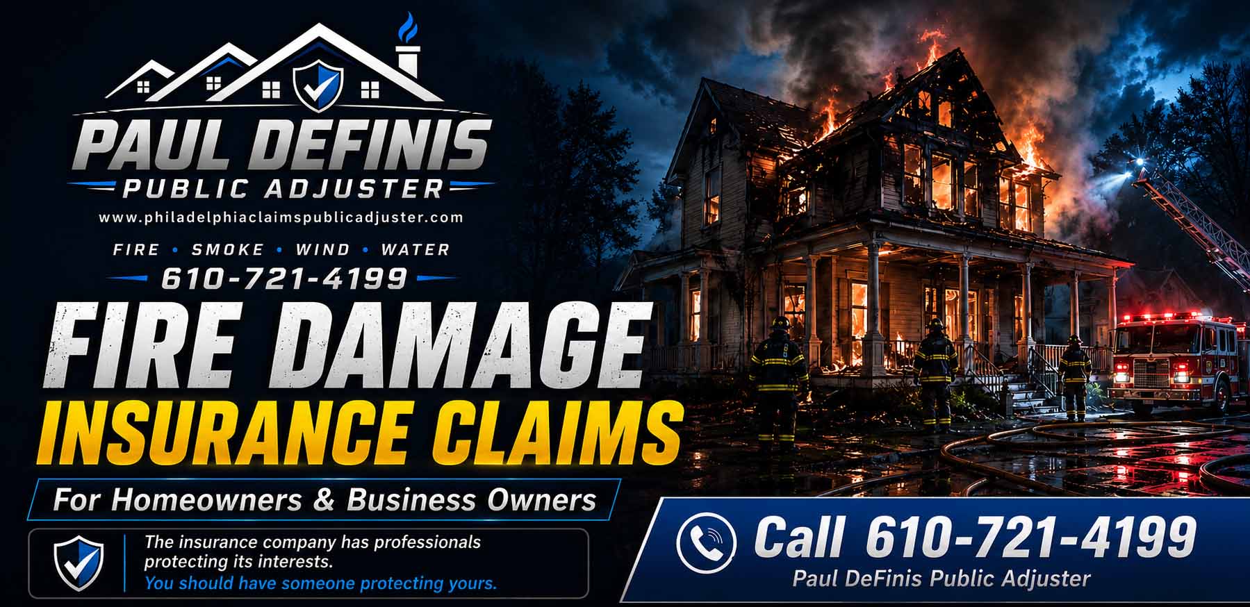 Fire Damage Public Adjuster 19115 19116 Philadelphia Pennsylvania. Paul Definis assists homeowners and businesses with fire damage, smoke damage, water damage, roof damage, storm and property insurance claims. Call 610-721-4199.Fire Damage Public Adjuster 19115 19116 Philadelphia Pennsylvania. Paul Definis assists homeowners and businesses with fire damage, smoke damage, water damage, roof damage, storm and property insurance claims. Call 610-721-4199.