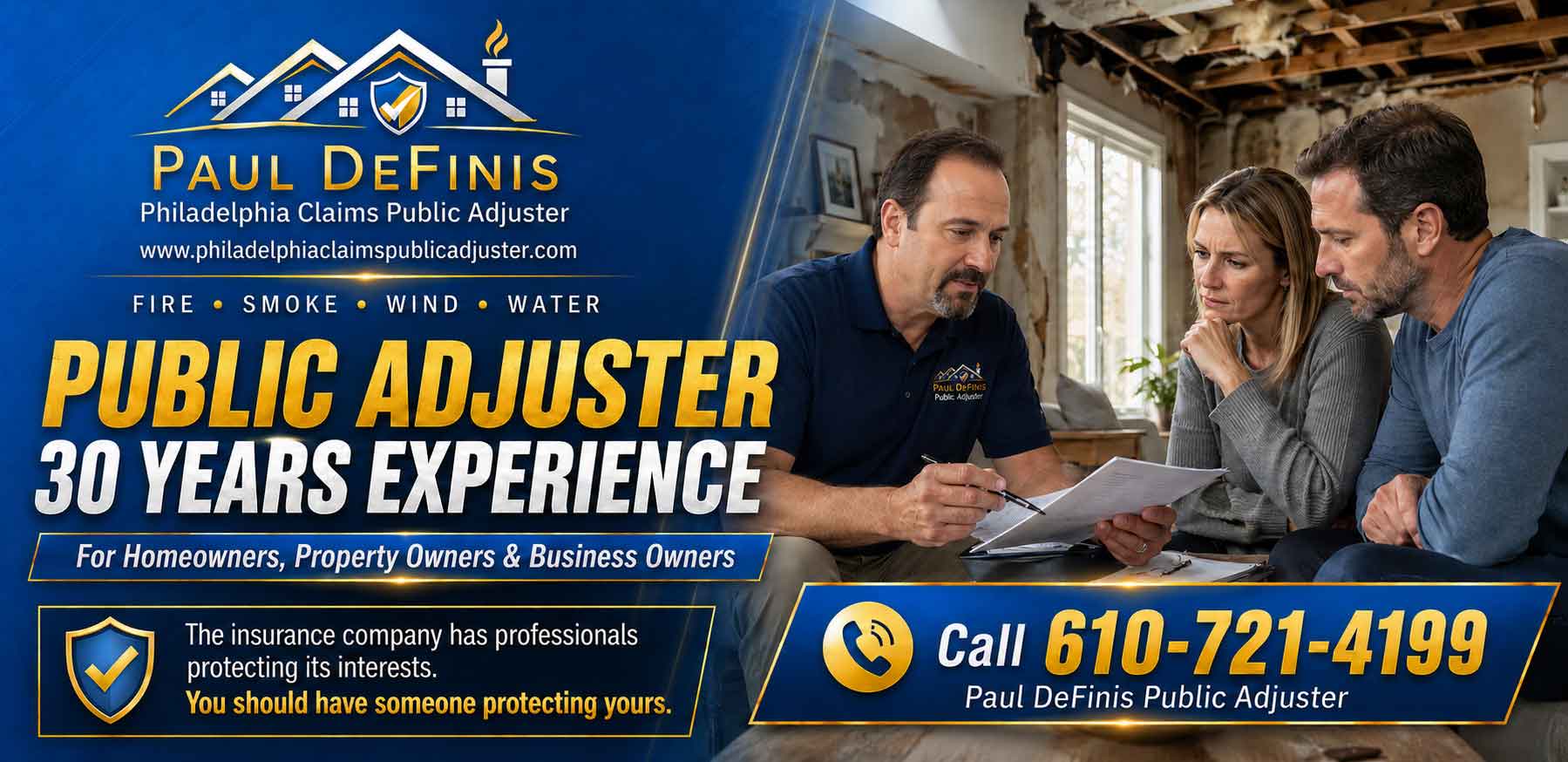 Philadelphia Public Insurance Adjuster 19136 Paul Definis. Bucks County, Delaware County, Montgomery County Pennsylvania insurance claims for fire, water, storm, roof, frozen pipes and theft. Residential and commercial. Call 610-721-4199.Philadelphia Public Insurance Adjuster 19136 Paul Definis. Bucks County, Delaware County, Montgomery County Pennsylvania insurance claims for fire, water, storm, roof, frozen pipes and theft. Residential and commercial. Call 610-721-4199.