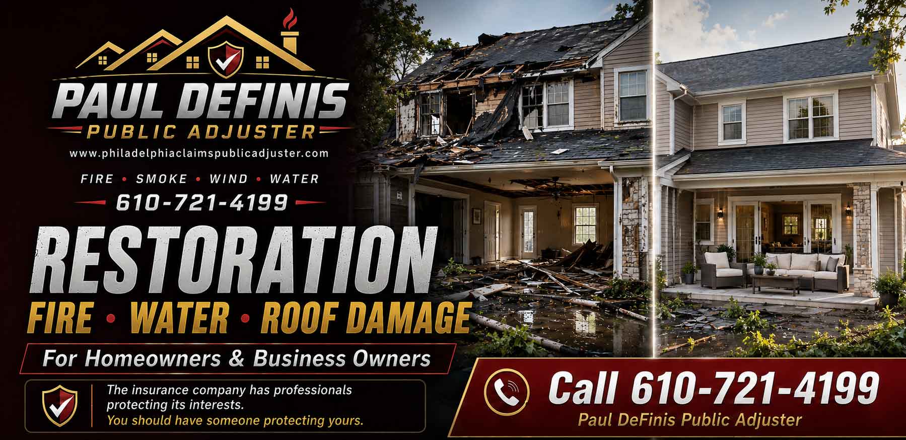 Philadelphia Public Insurance Adjuster 19136 Paul Definis. Bucks County, Delaware County, Montgomery County Pennsylvania insurance claims for fire, water, storm, roof, frozen pipes and theft. Residential and commercial. Call 610-721-4199.Philadelphia Public Insurance Adjuster 19136 Paul Definis. Bucks County, Delaware County, Montgomery County Pennsylvania insurance claims for fire, water, storm, roof, frozen pipes and theft. Residential and commercial. Call 610-721-4199.