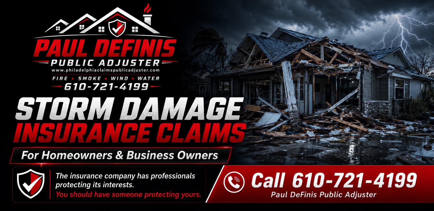 Delaware County Storm Damage Restoration Insurance Claims Public Adjuster 19063 Media Rose Valley 19064 Springfield 19065 Moylan Pennsylvania. Paul Definis assists homeowners and businesses with storm damage, wind damage, hail damage, roof damage, water damage and property insurance claims. Paul deploys restoration after your claim is approved. Call 610-721-4199.