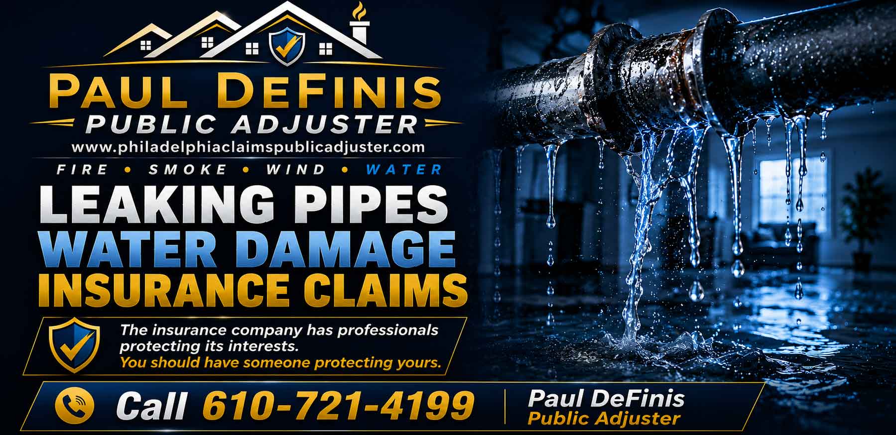 Philadelphia Public Insurance Adjuster 19136 Paul Definis. Bucks County, Delaware County, Montgomery County Pennsylvania insurance claims for fire, water, storm, roof, frozen pipes and theft. Residential and commercial. Call 610-721-4199.Philadelphia Public Insurance Adjuster 19136 Paul Definis. Bucks County, Delaware County, Montgomery County Pennsylvania insurance claims for fire, water, storm, roof, frozen pipes and theft. Residential and commercial. Call 610-721-4199.